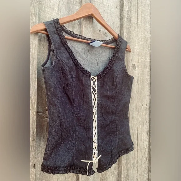 VINTAGE corset style lace up front denim sleeveless top size medium - Picture 1 of 7